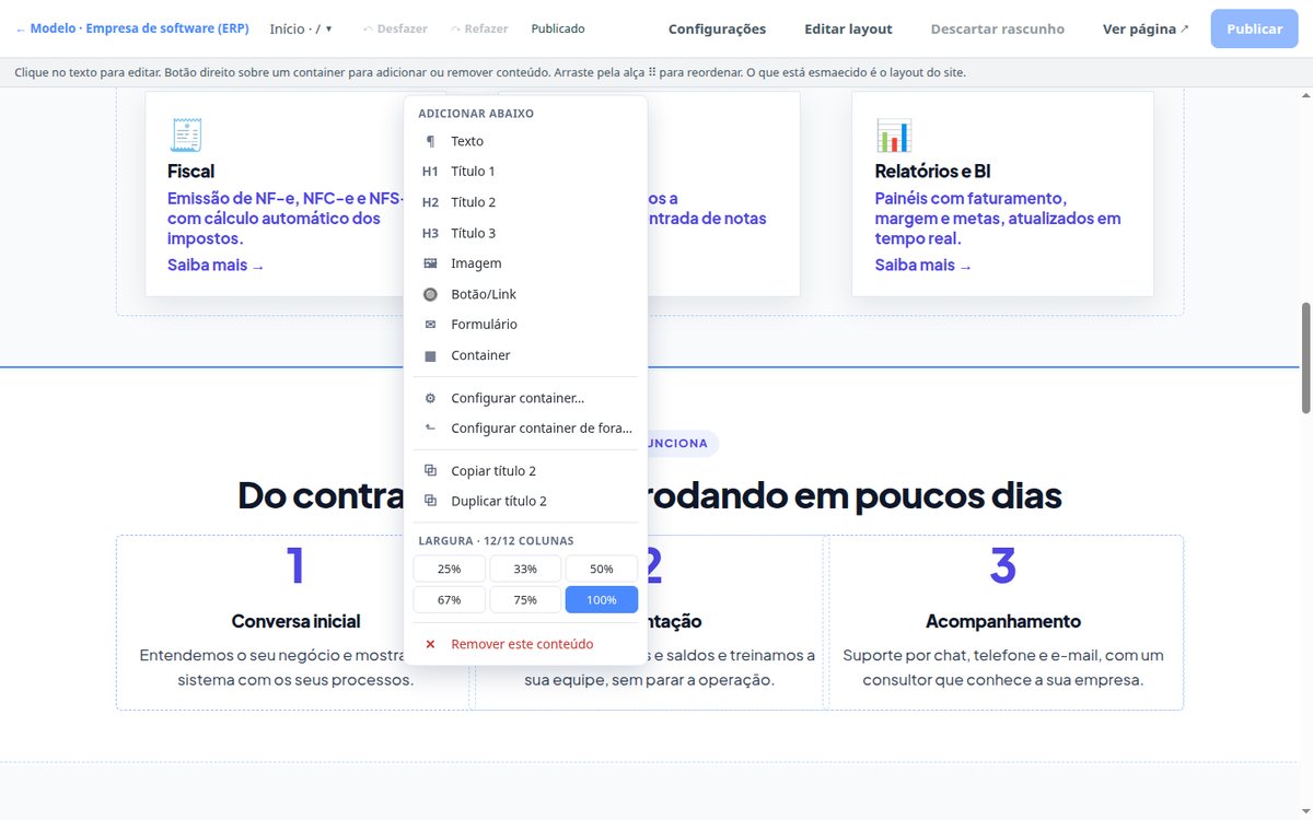 Menu do botão direito do editor com as opções de conteúdo para adicionar