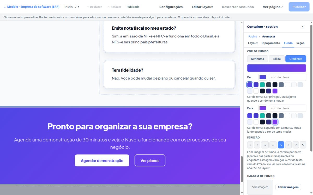 Painel de configuração de uma faixa da página, com o fundo em gradiente usando as cores da marca